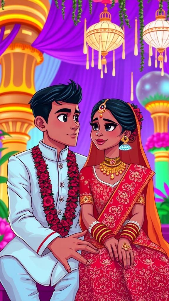 Cartoon Indian Wedding Scene in Cyberpunk Style
