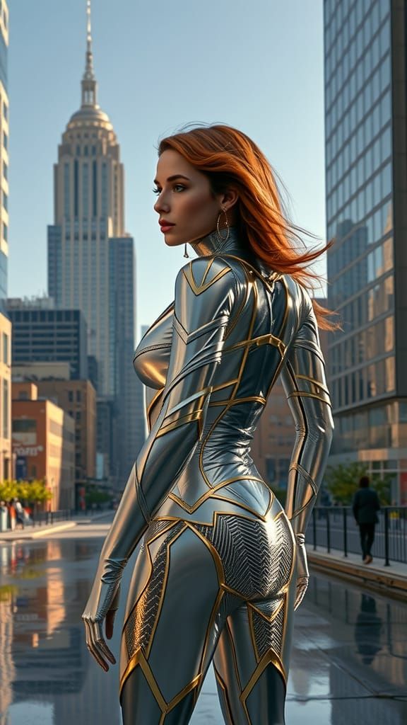 Female Superhero in Chrome Suit Against City Skyline