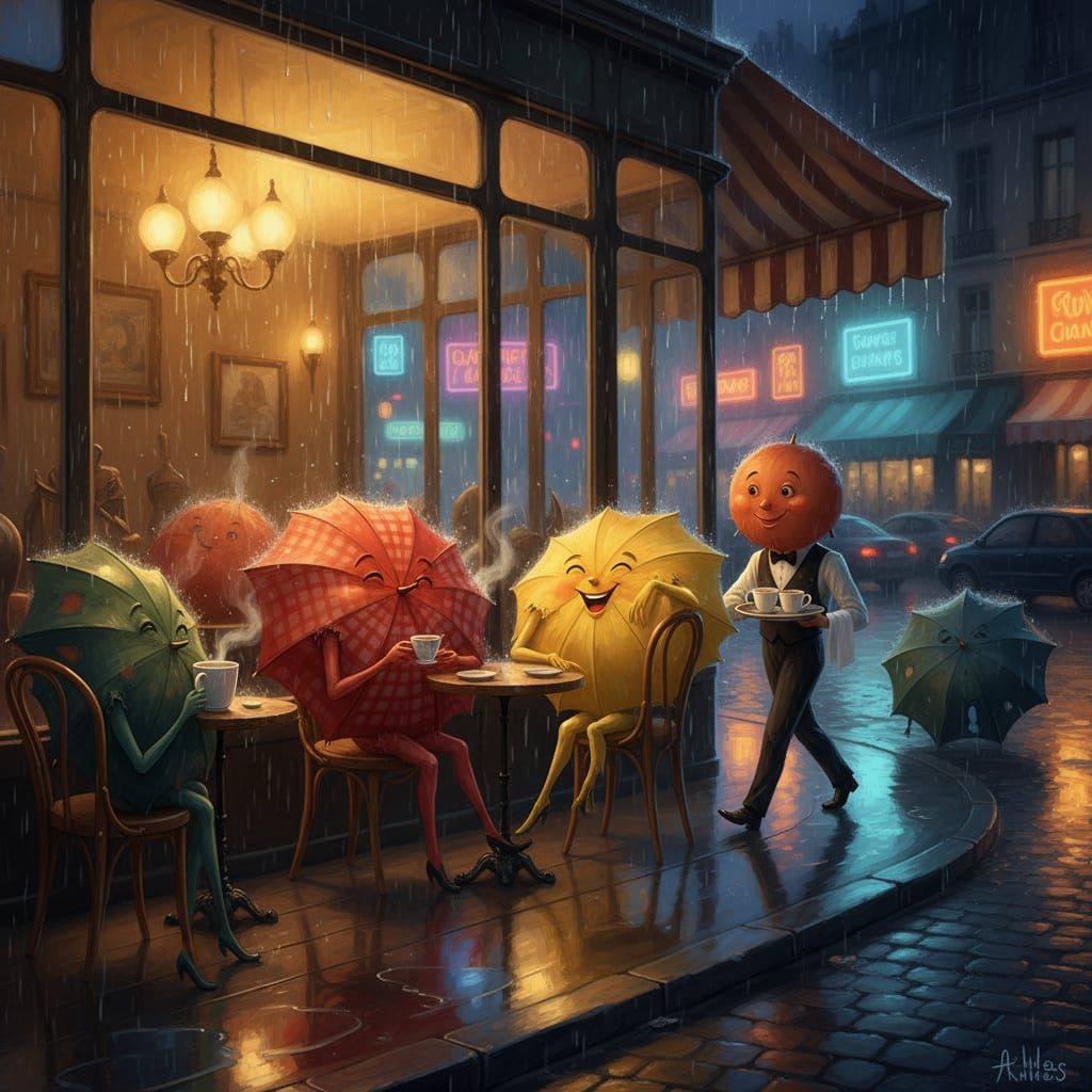 Anthropomorphic Umbrellas Chatting in a Parisian Cafe