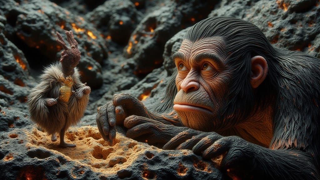 Pre-Neanderthal Man playing with his food.