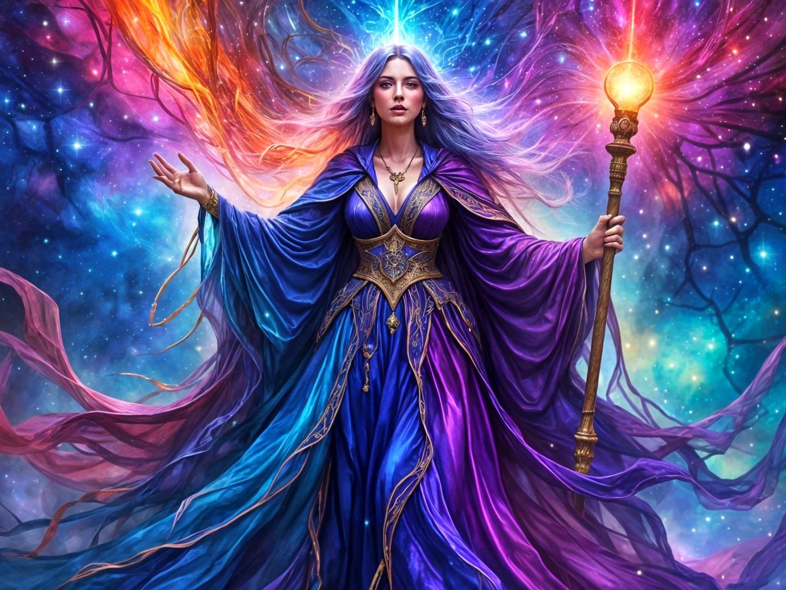 Majestic Sorceress in Swirling Magical Robes