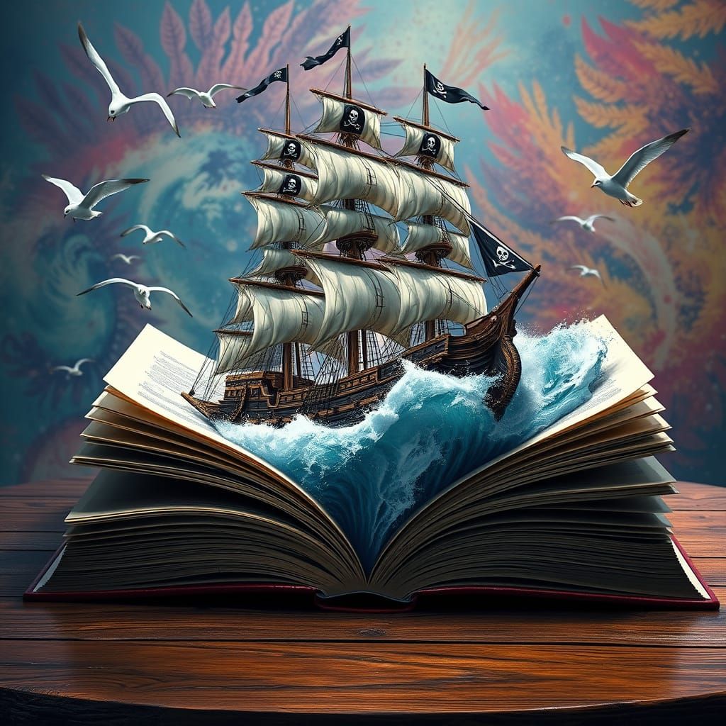 Pirate Ship Erupts from Book into Epic Ocean Scene