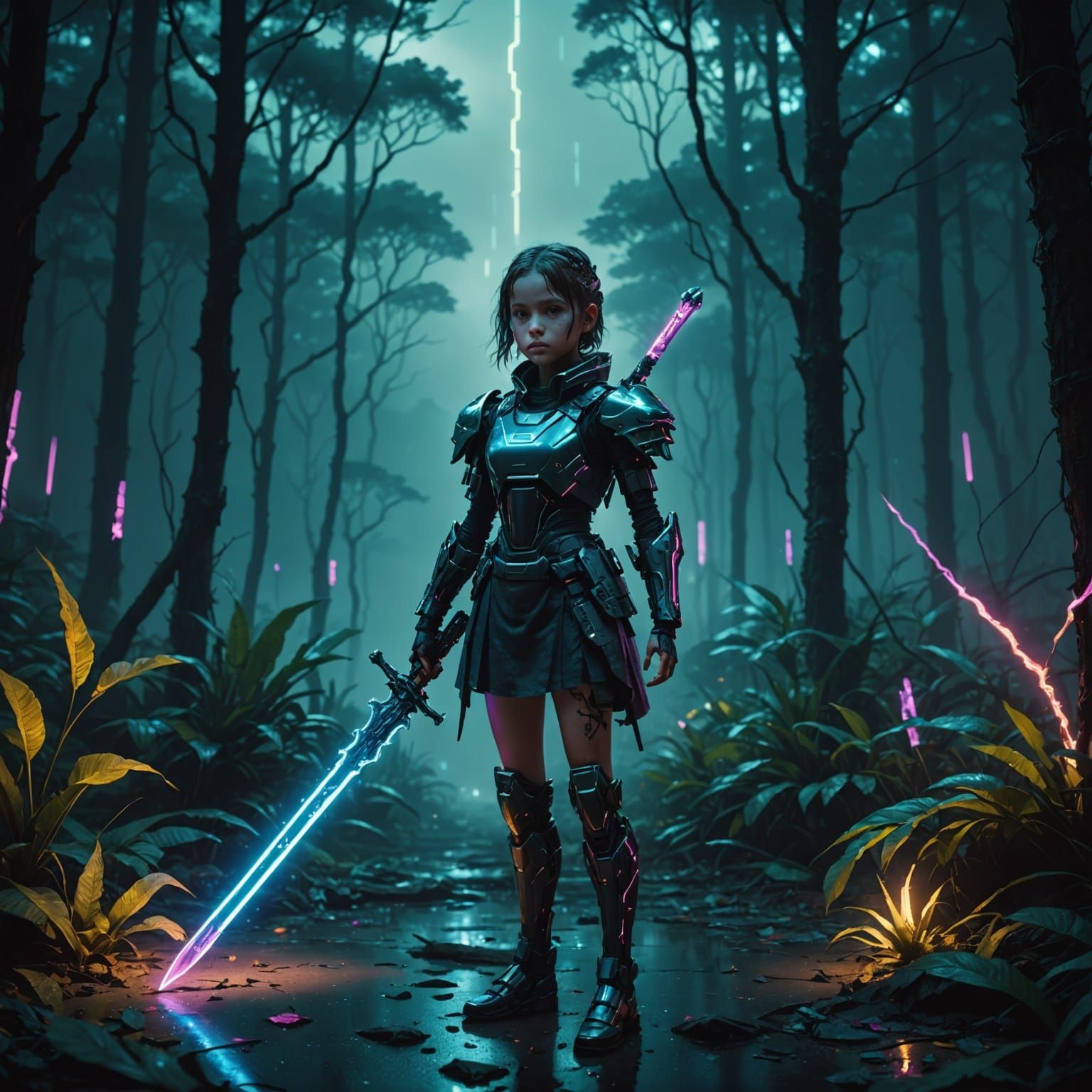 Ethereal Cyberpunk Girl Robot Illuminates Dark Forest