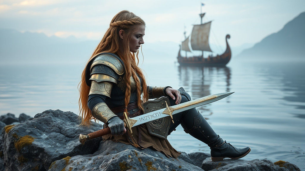 Valkyrie at Fjord with Approaching Longship