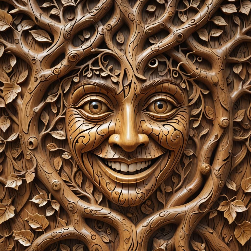 Ornate Wood Carving of Smiling Face