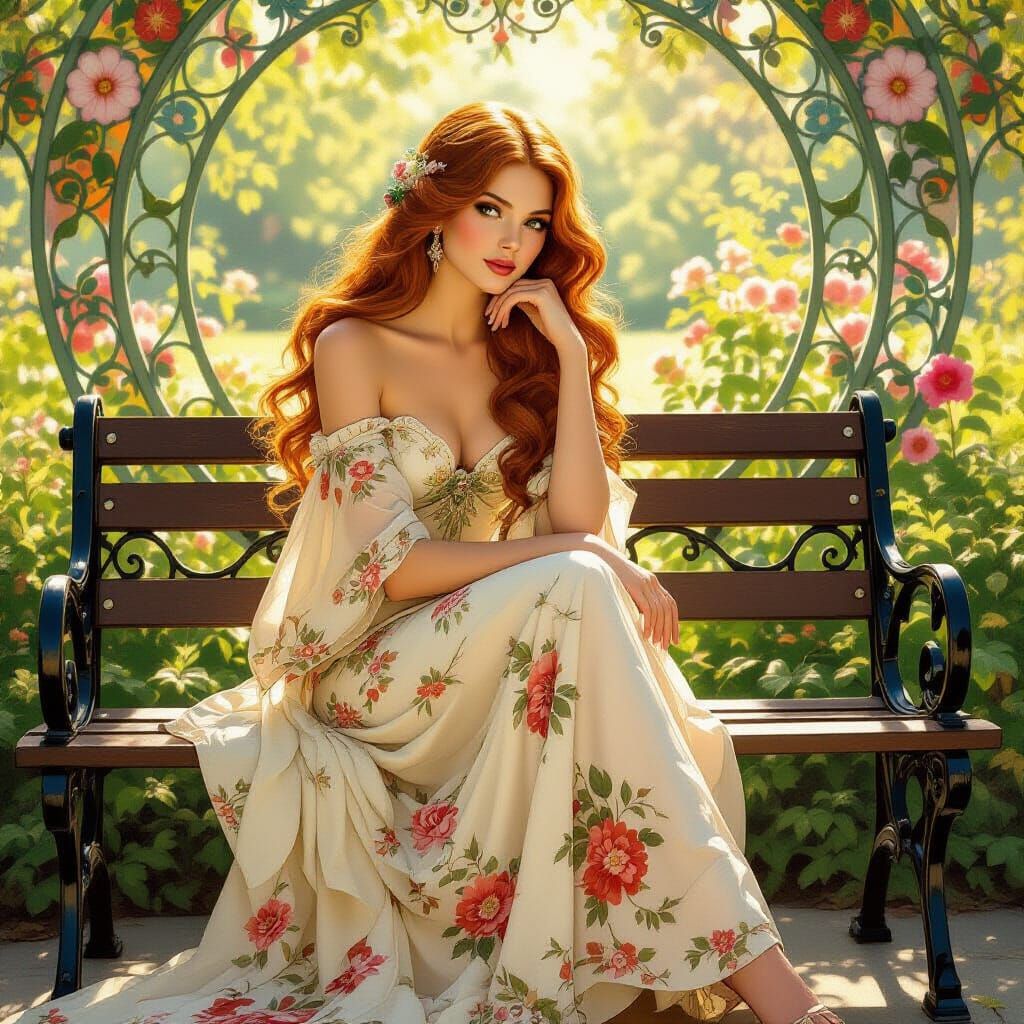 Elegant Woman in Garden, Art Nouveau Illustration