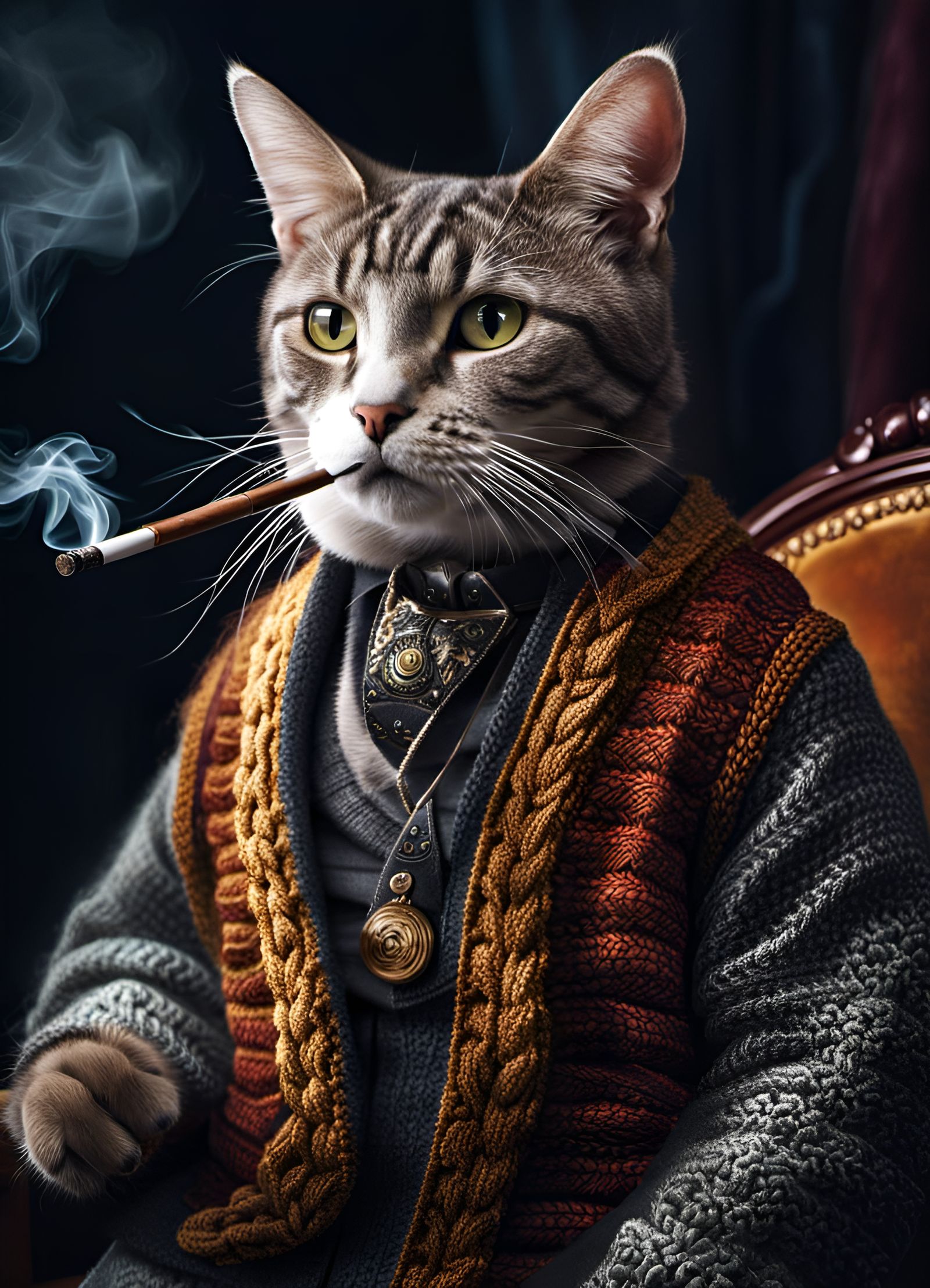 Cat in Cardigan Smoking Pipe: Hyperrealistic Portrait