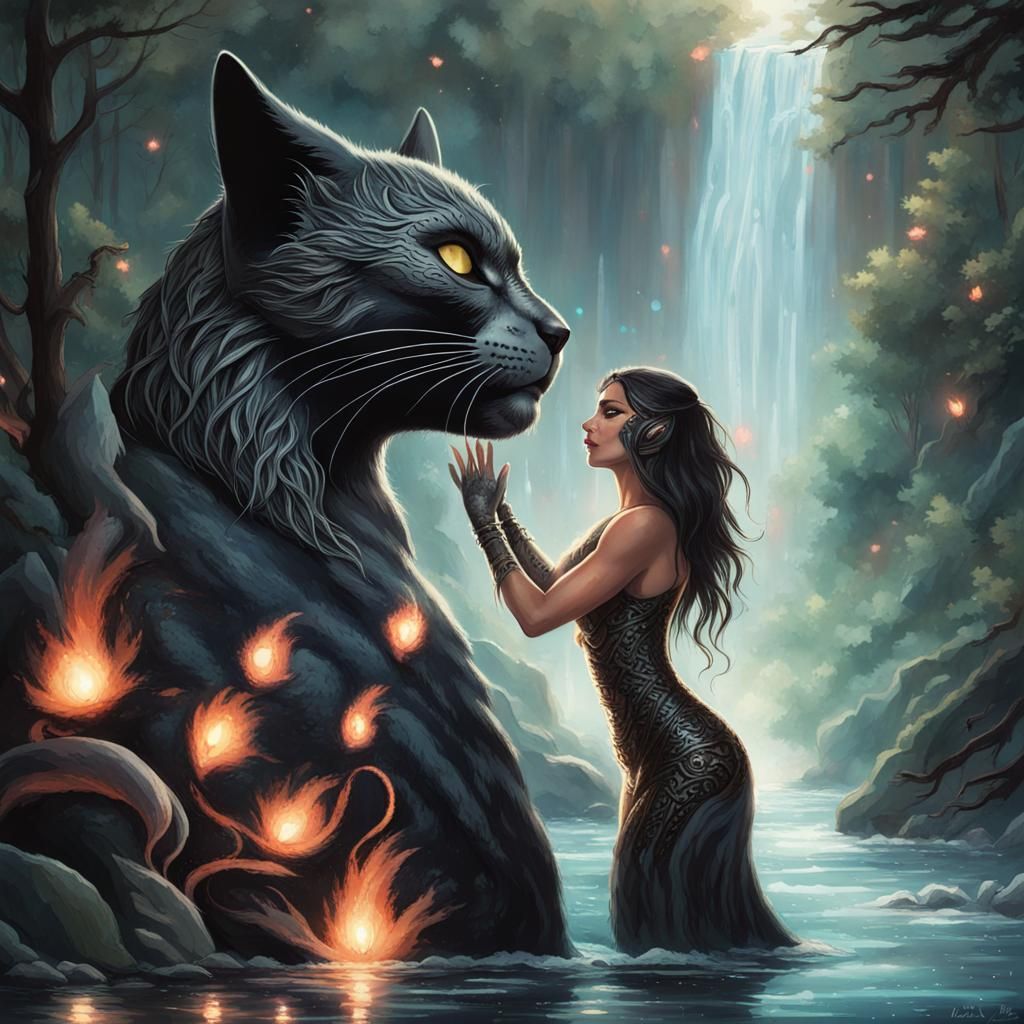 Cat Woman Holding Merman in Waterfall