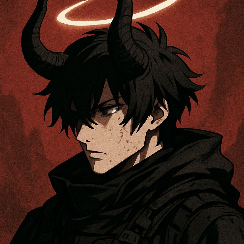 Dark Fantasy Warrior with Demonic Horns and Halo in Anime St...
