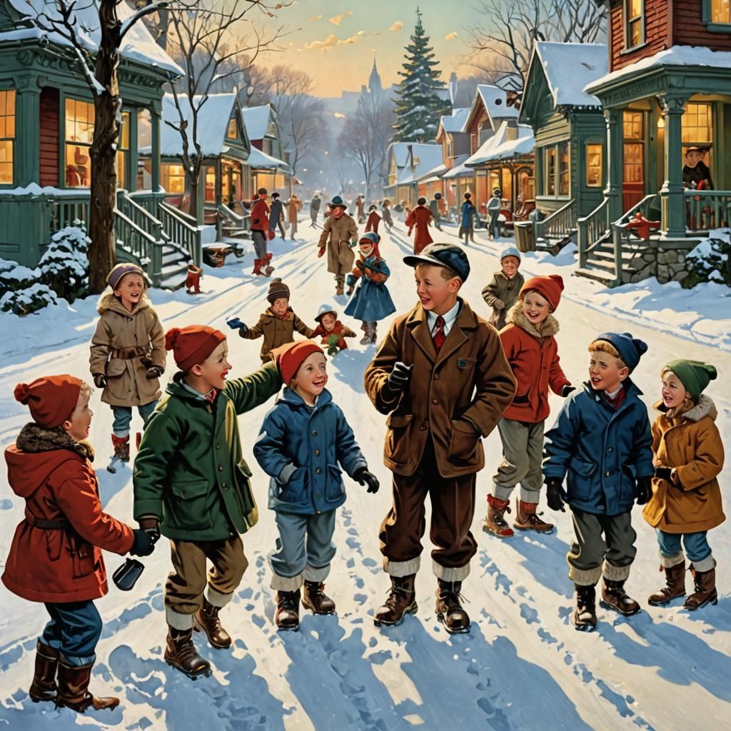 Children's Joyful Snow Day in Rockwell Style