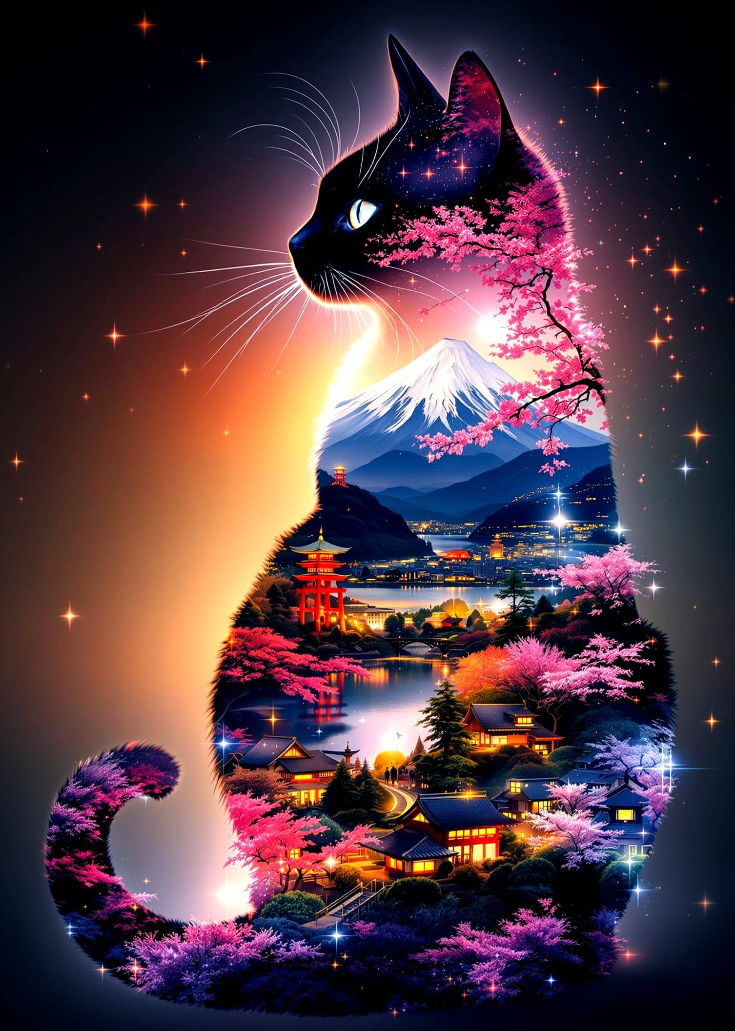 Surreal Siamese Cat Dreamscape with Japanese Landscape