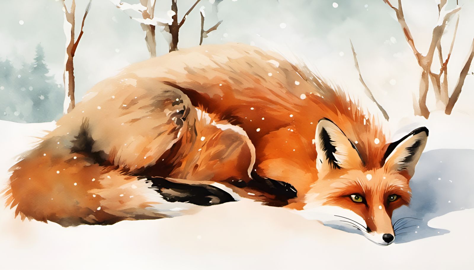 Fox in Winter Landscape: Gouache and Watercolor Art