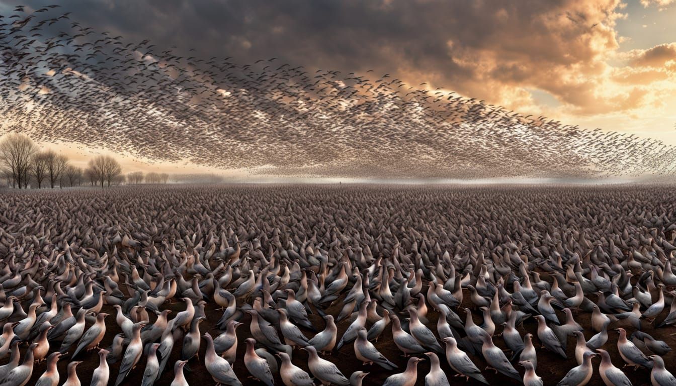 Massive Flock Of Passenger Pigeons Stretching To Horizon