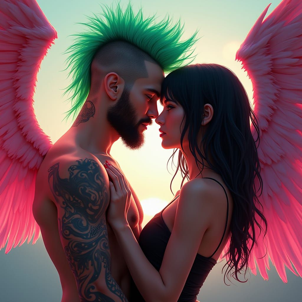 Couple with Fiery Angel Wings Embracing in Hyperrealistic Po...