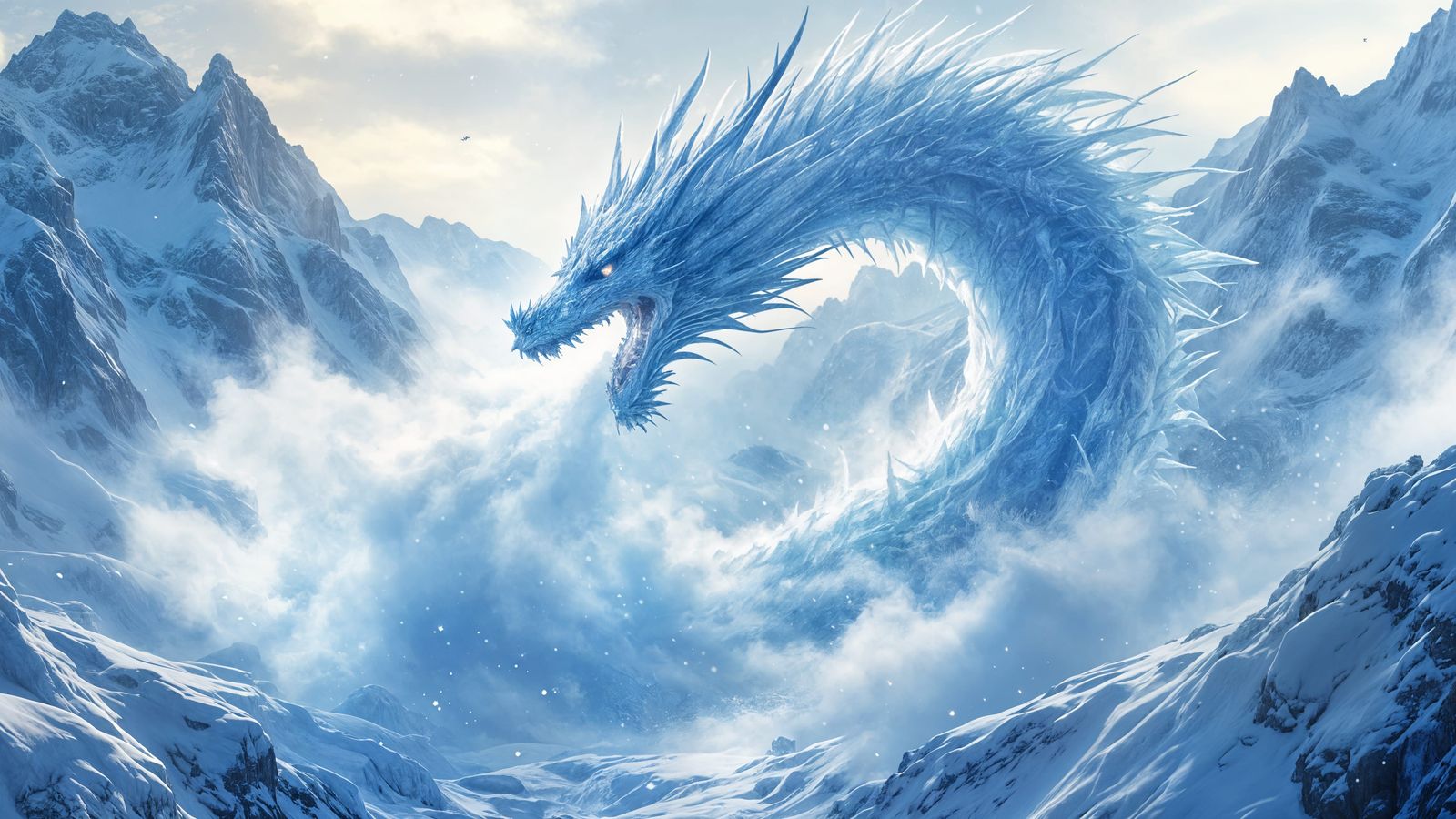 Ethereal Ice Wyrm Unleashes Blizzard in Frosty Mountainscape