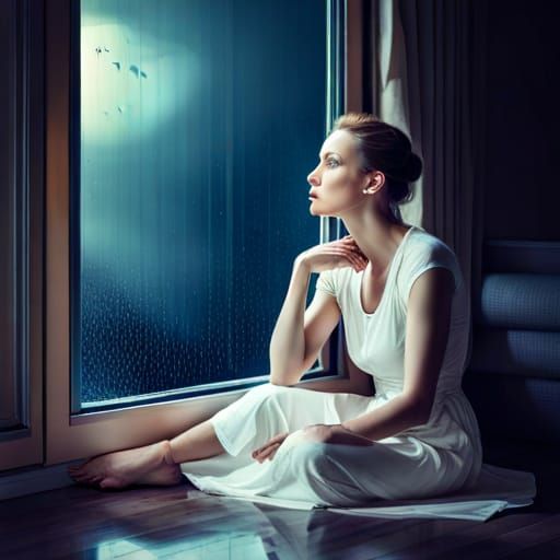 Woman in Depression Watching Rain