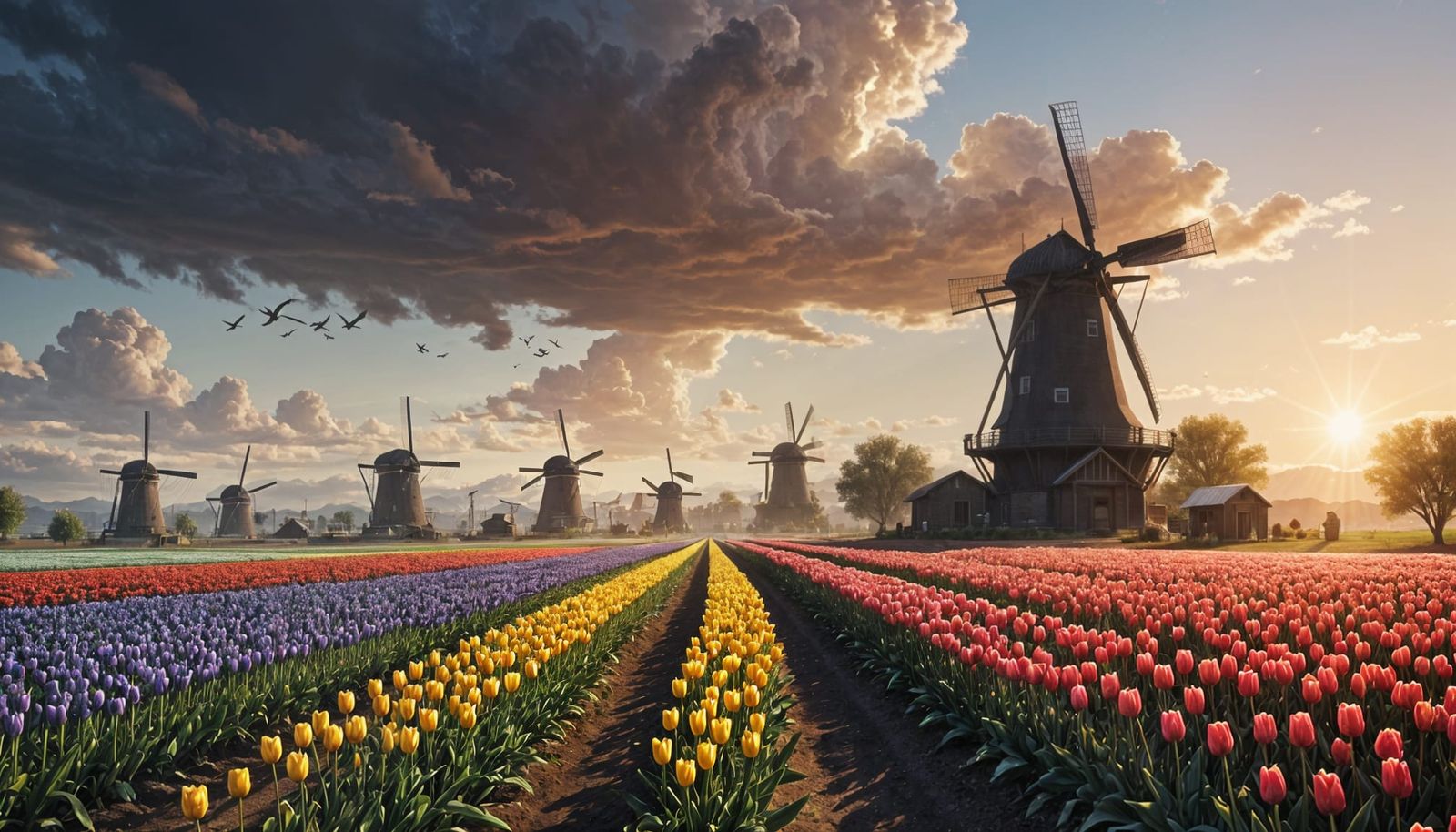 Vibrant Tulip Fields Under Sunset with Windmills and Doves