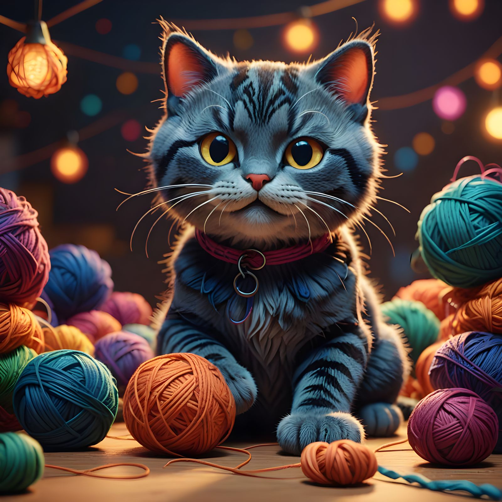 Cute Cat Plays with Yarn Ball in Pixar Style
