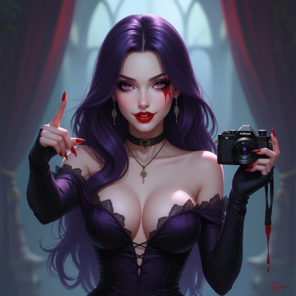 Vampire Woman Beckons with Bloody Camera