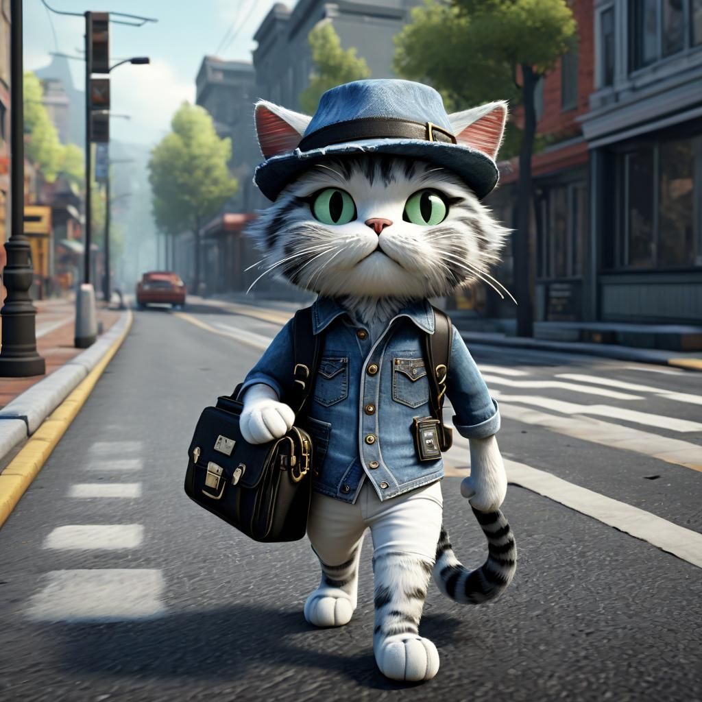 Cat Commuting in 3D Game Cinematic Style