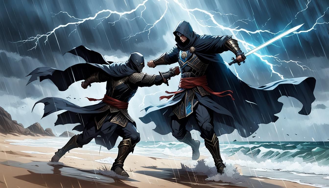 Dark Warrior Sword Fight on Stormy Beach