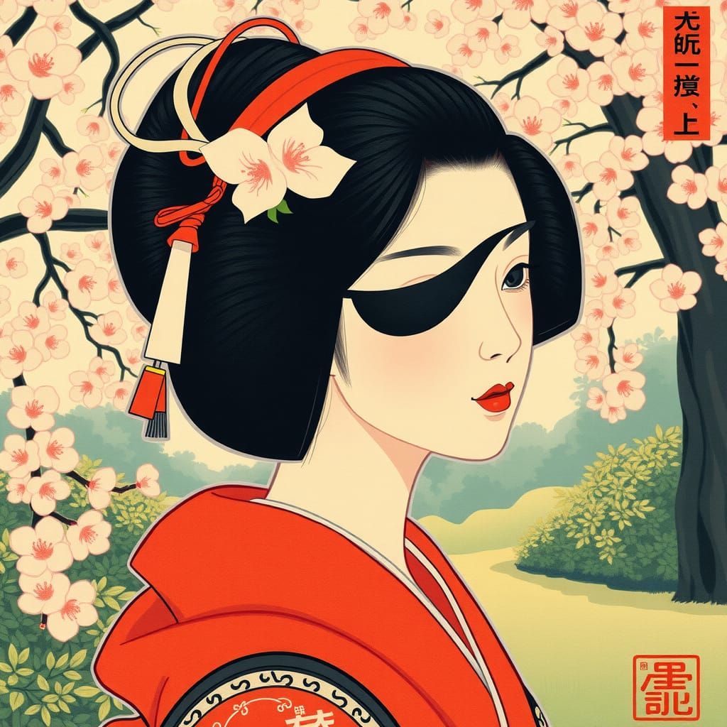 Young Geisha with Eyepatch in Ukiyo-e Style