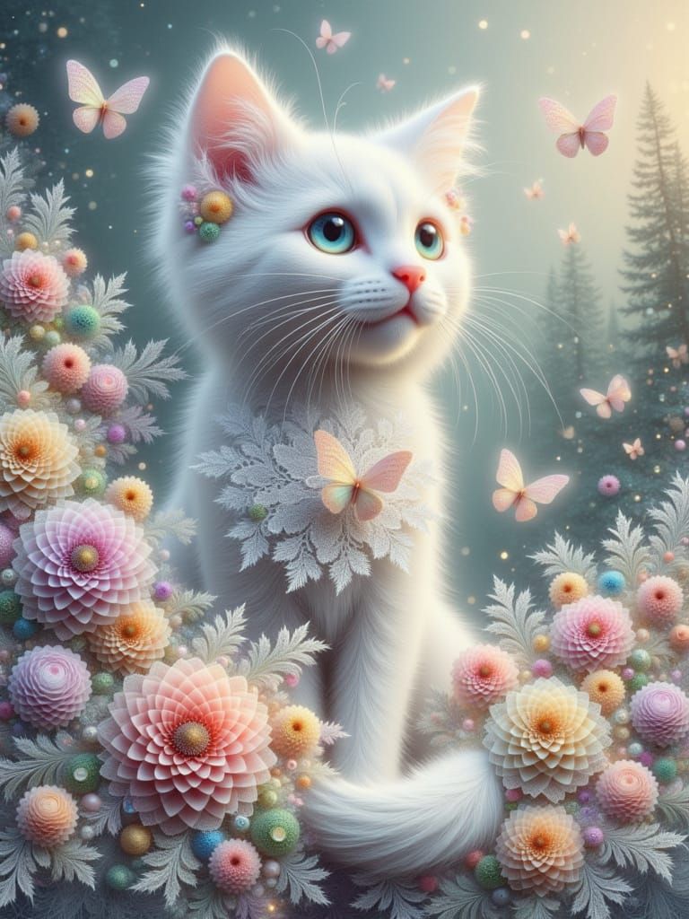 Whimsical Fractal Landscape with Cat and Butterflies