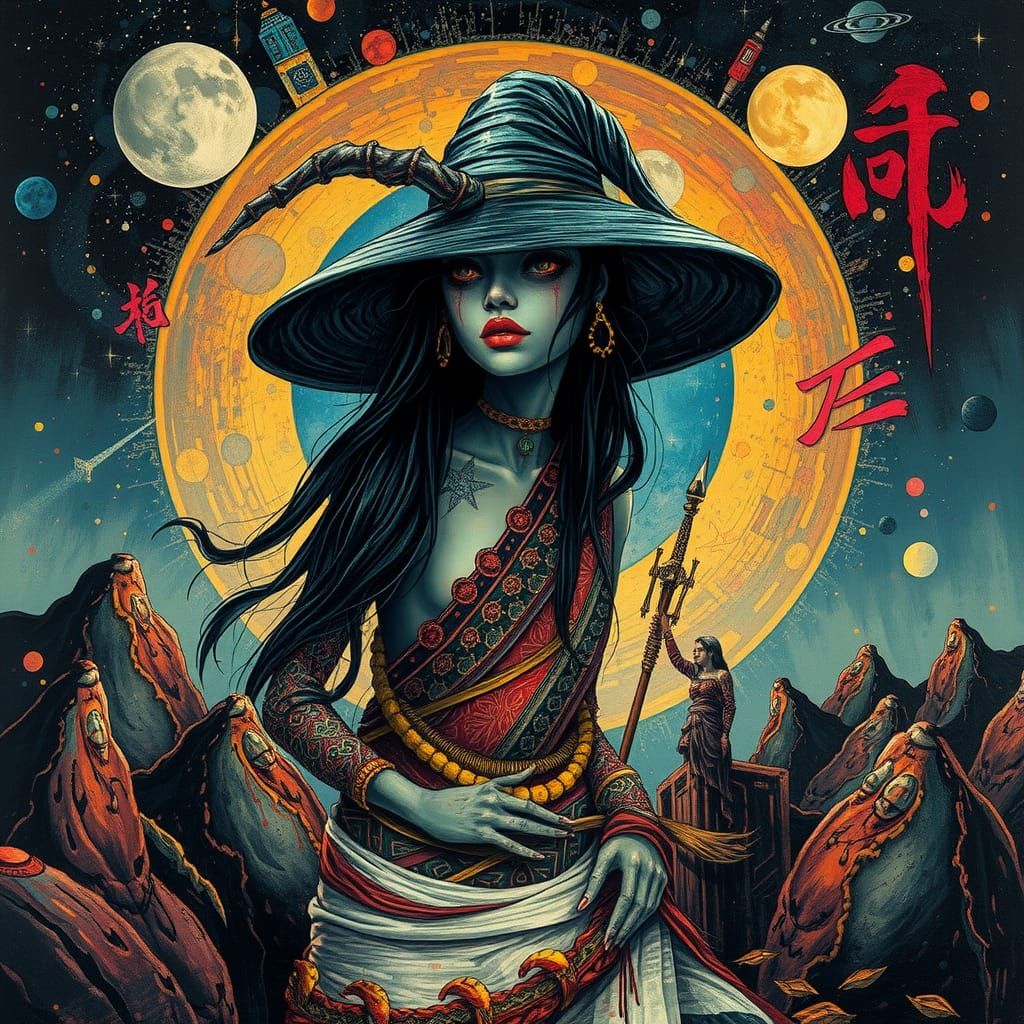 Sci-Fi Witch in Sumi-e Style Masterpiece