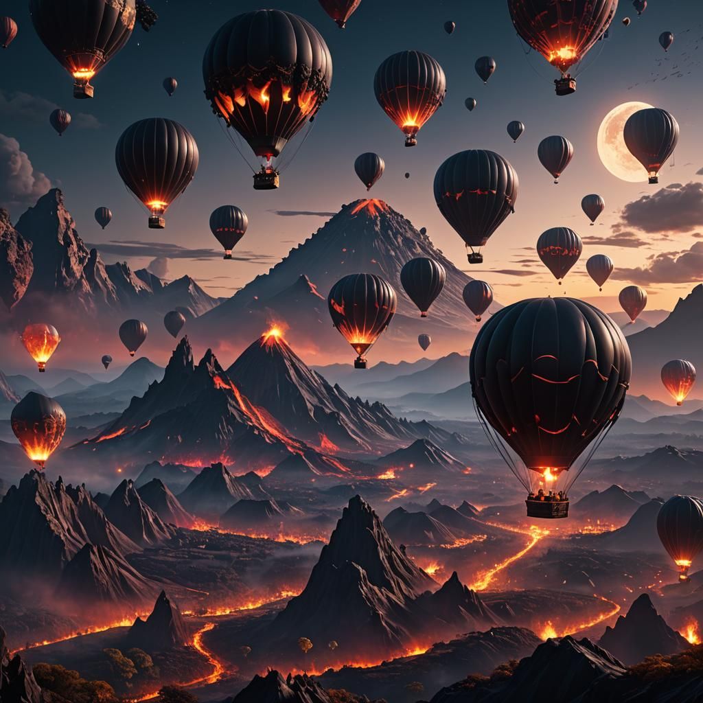 Volcano and Black Hot Air Balloons in Moonlight