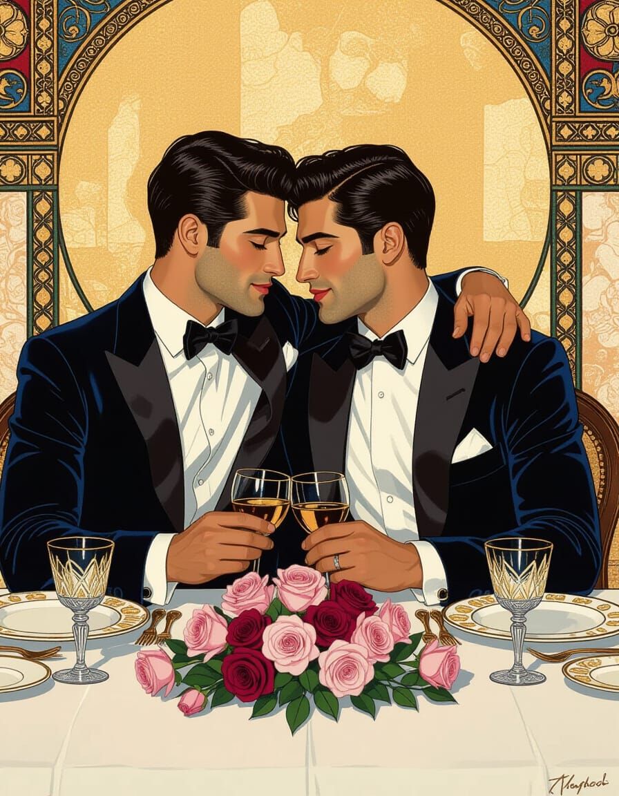 Klimt Style: Two Men Embrace in Romantic Renaissance Luxury