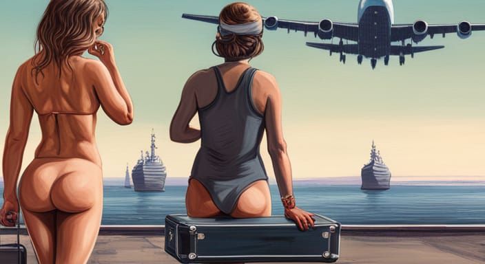a flying aircraft carrier in the background with two women in bikinis deusing a suitcase nulear bomb Moebius Simon Ståle...