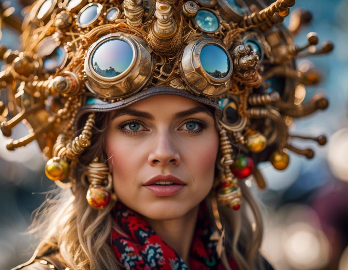 Woman with Ornate Helmet in Hyperrealistic Photo