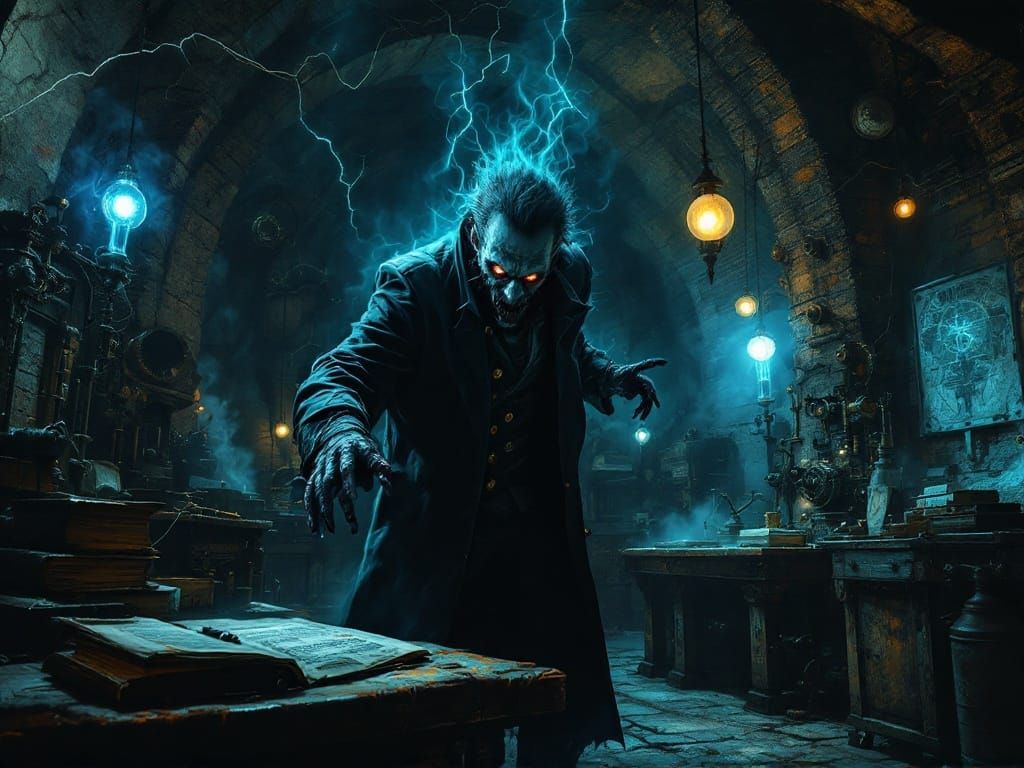 Mad Scientist Conducts Experiment in Haunting Steampunk Lair