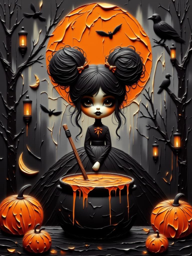 Gothic Doll Stirring Cauldron Under Full Moon