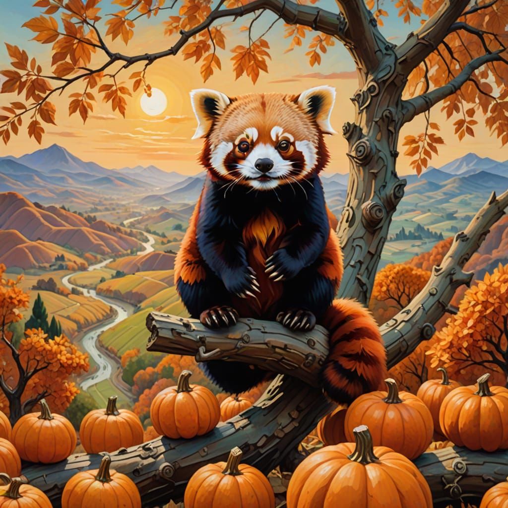 Red Panda in Autumn Valley Oil Painting