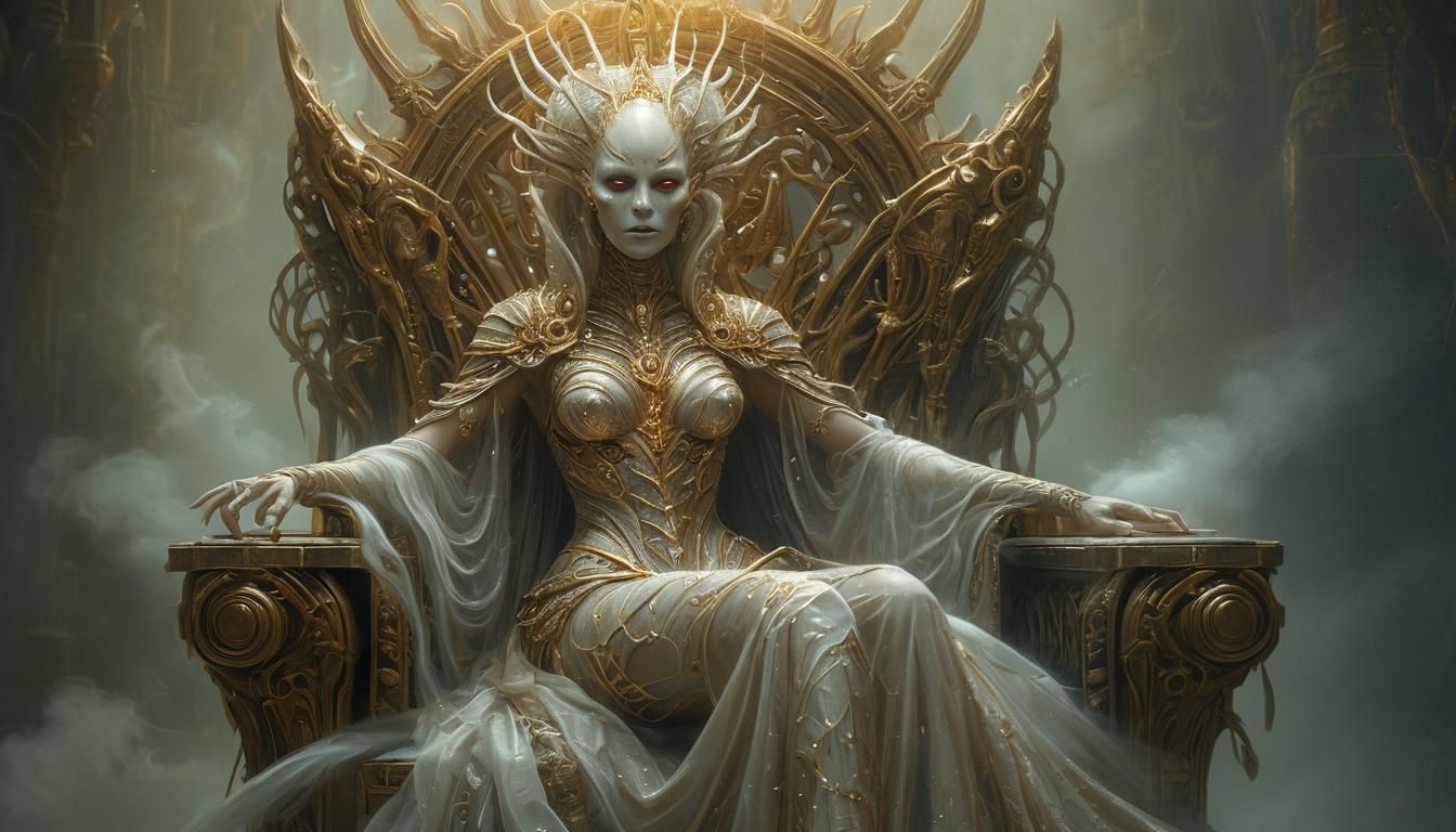 Alien Queen on Biomechanical Throne in Oil Painting Style