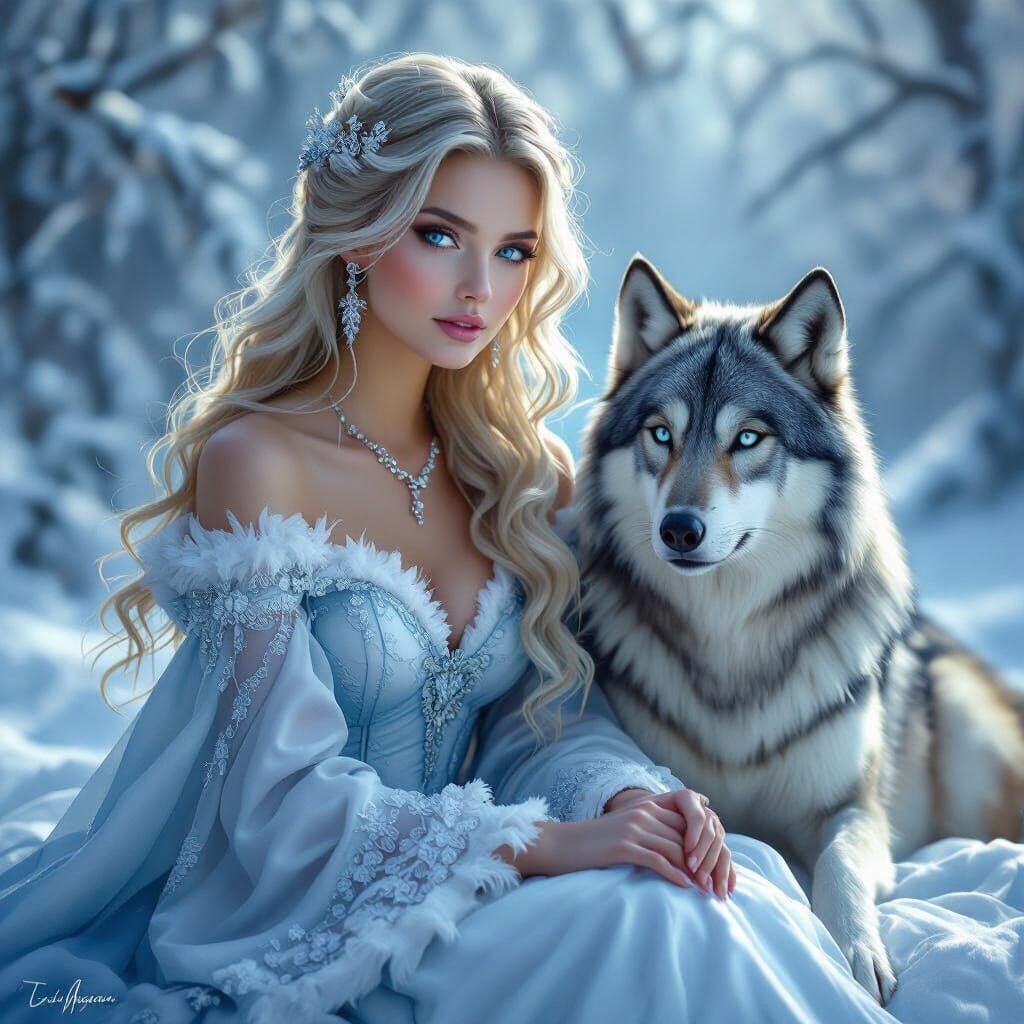 Winter Woman and Wolf in Ethereal Fantasy Art
