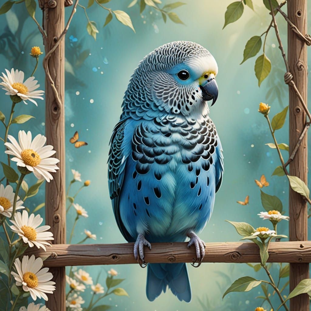 Whimsical Blue Budgie Perches on a Wooden Swing