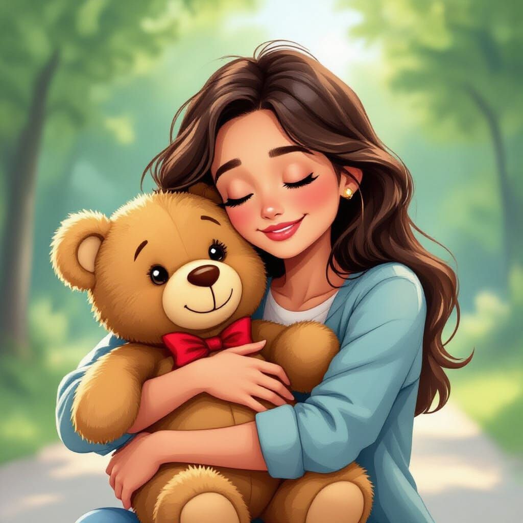 Cartoon Woman Hugging Teddy Bear