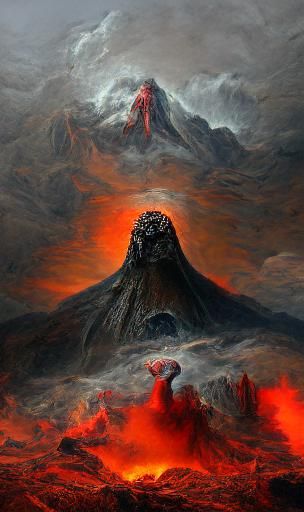 The God of Volcanoes, Vulcan, emerges from the crater as the volcano begins to violently erupt spewing lava and ash into...