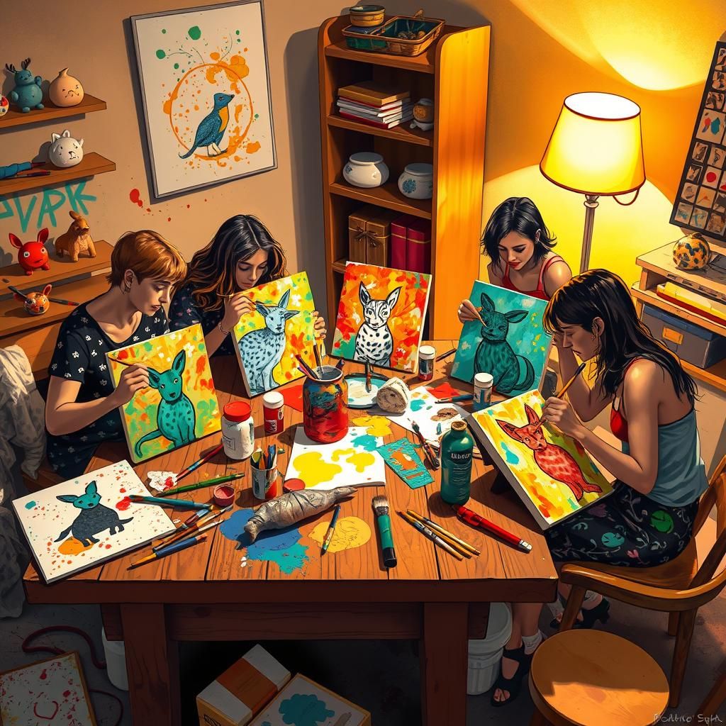 Vibrant Friends Creating Animal Art Masterpieces