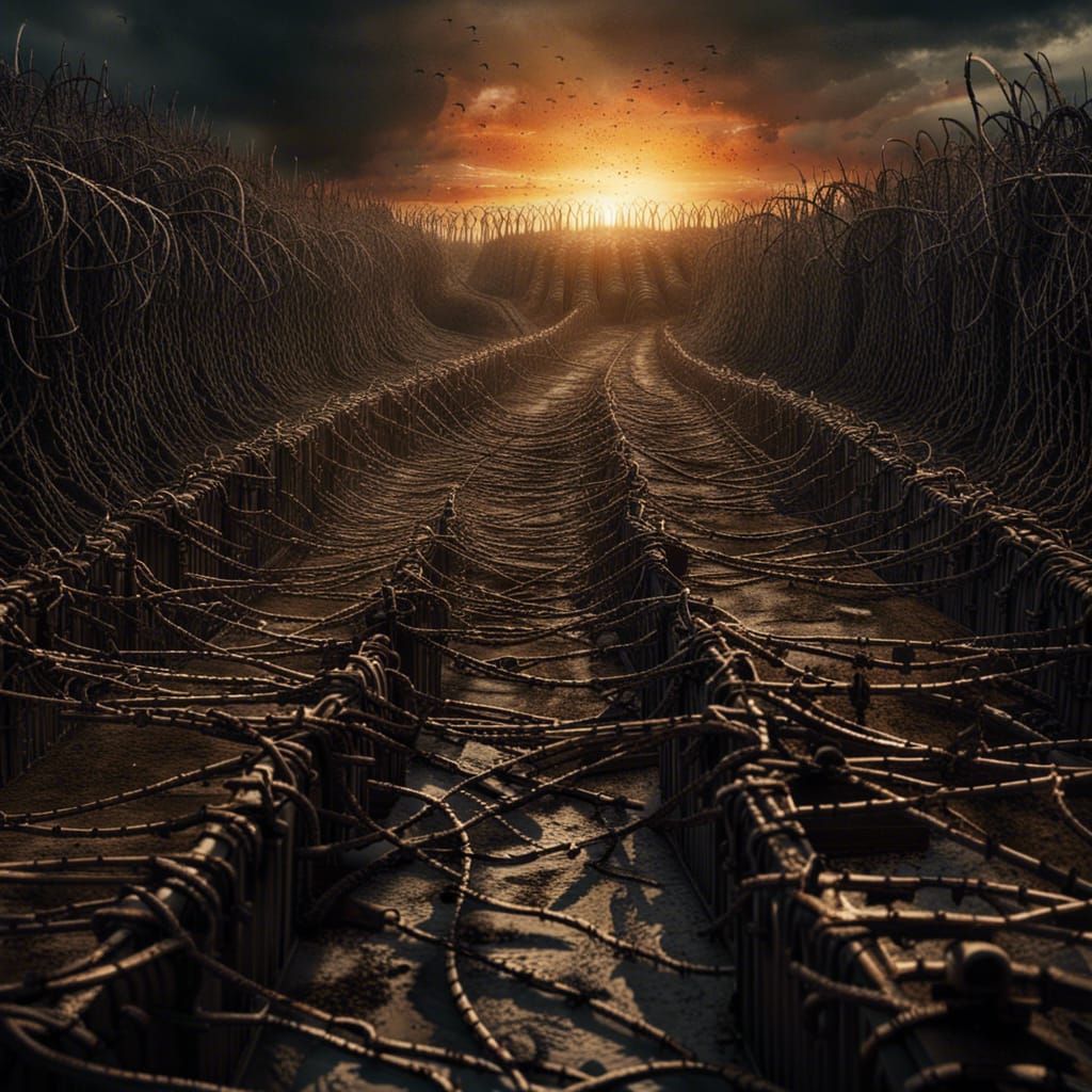 World War One Treches a Maze of Barbed wire populated by dead soldiers ,mud blood flares in the sky barbed wire avenues ...