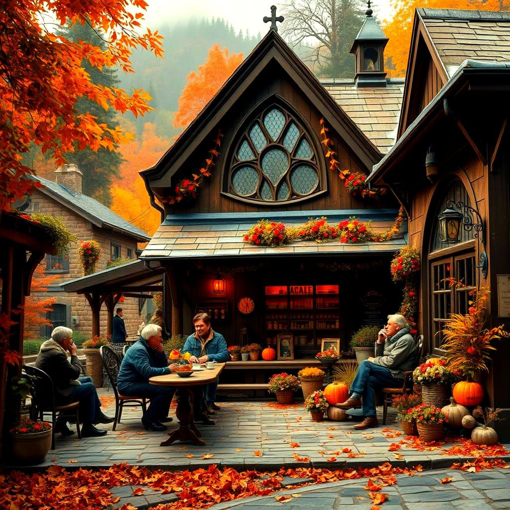 Gothic Cafe Amidst Autumn Foliage
