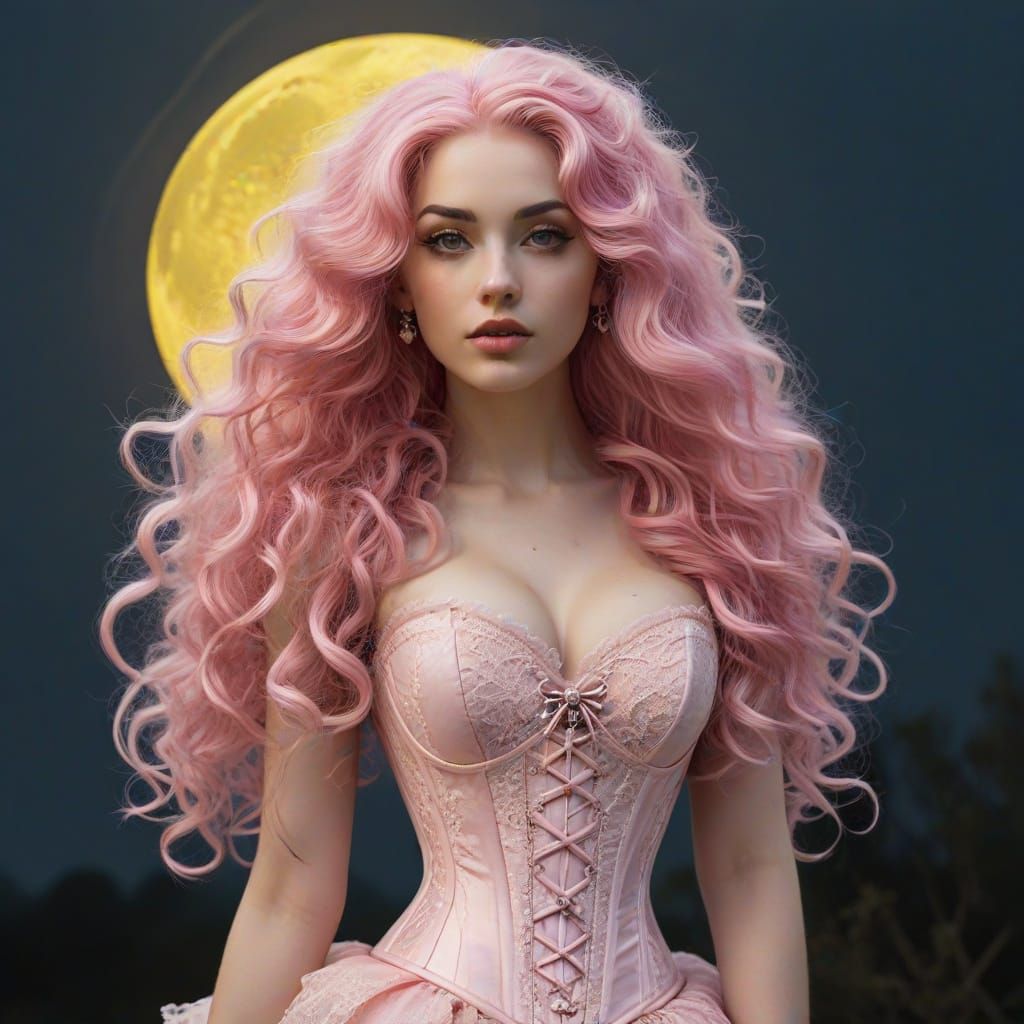 Woman in Pink Corset Under a Full Yellow Moon