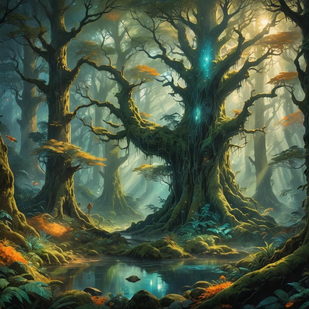 Mystical Forest with Ethereal Glow: Fantasy Concept Art