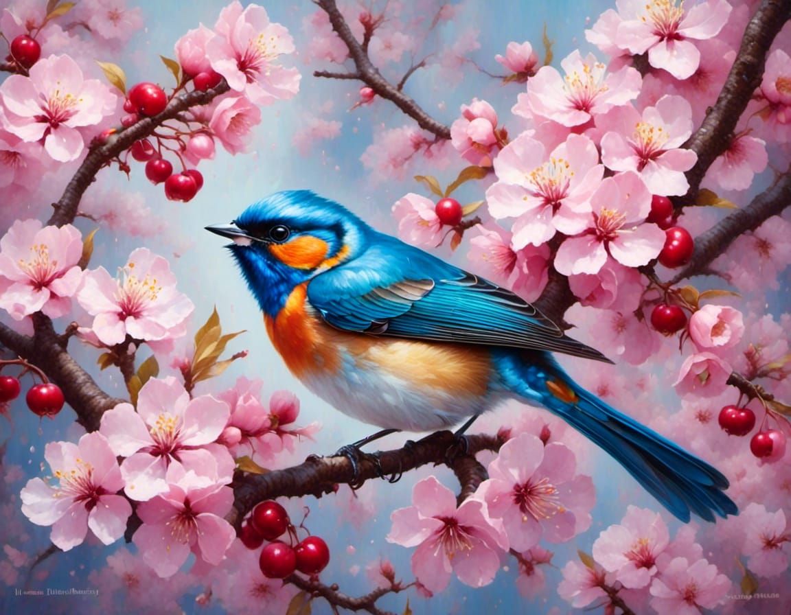 Indigo Bunting in Blossom, Impasto Gouache Masterpiece