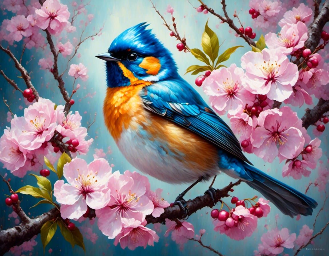 Indigo Bunting in Blossom, Gouache Impressionist Painting