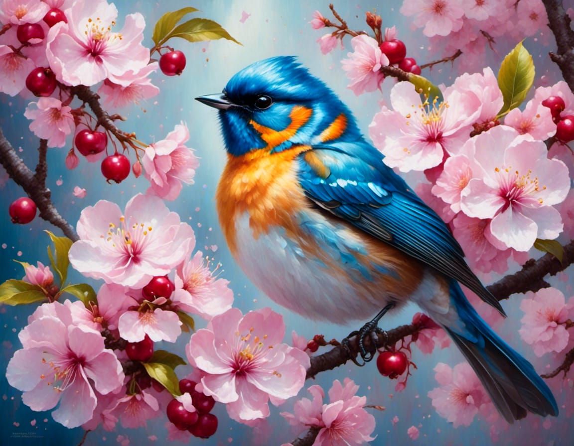 Indigo Bunting on Blossoming Cherry Tree, Gouache Style