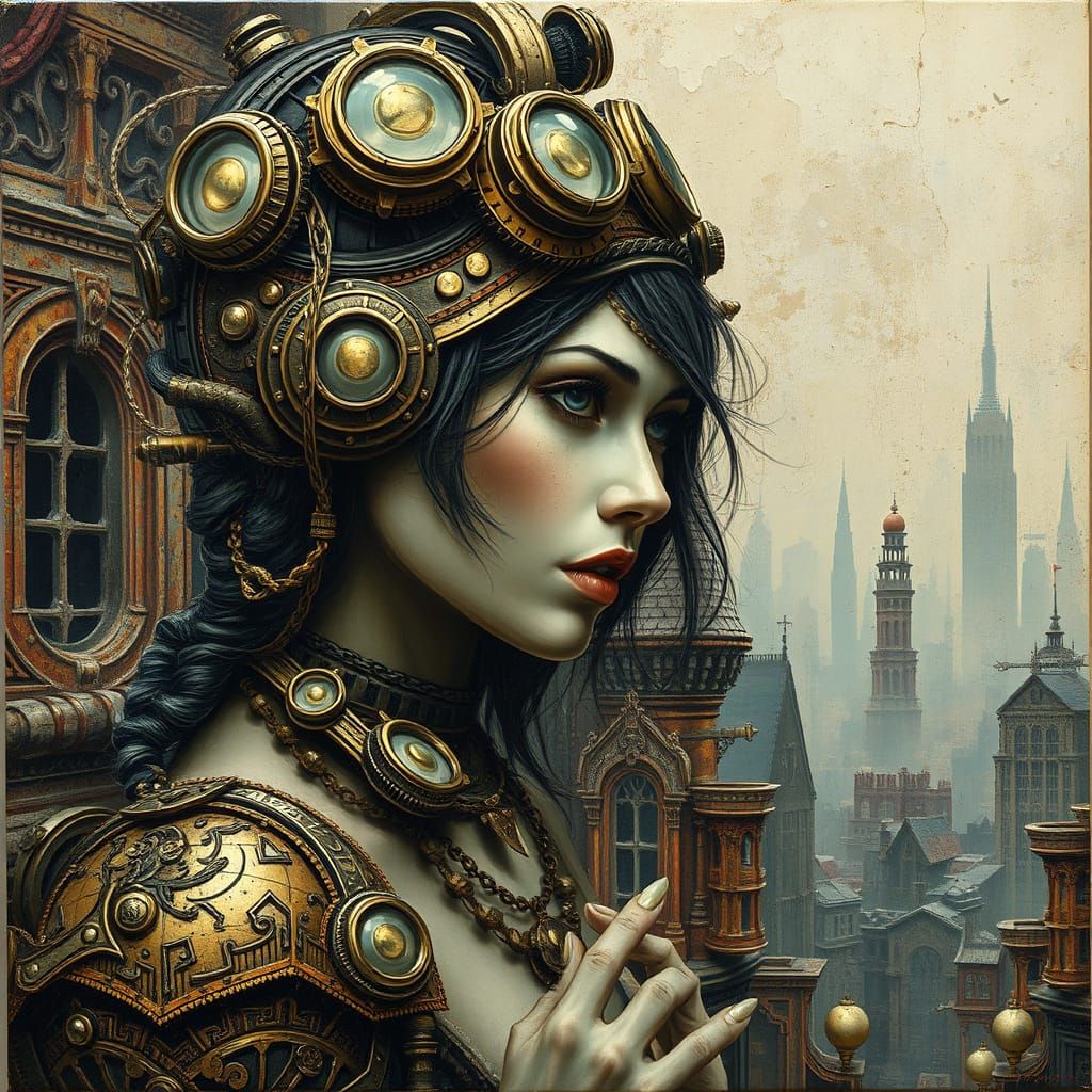 Steampunk Woman in Decaying City: Acrylic Style