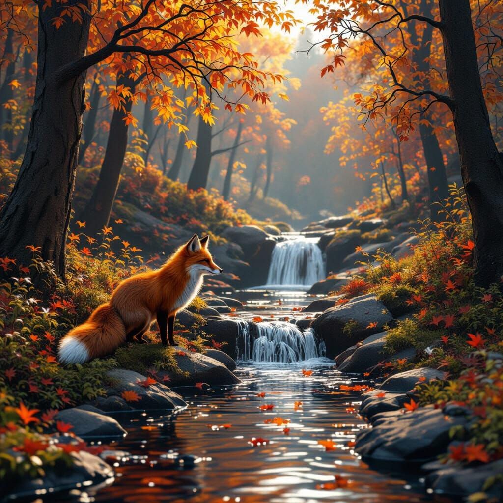Fox by Waterfall in Autumn Woods, Matte Painting